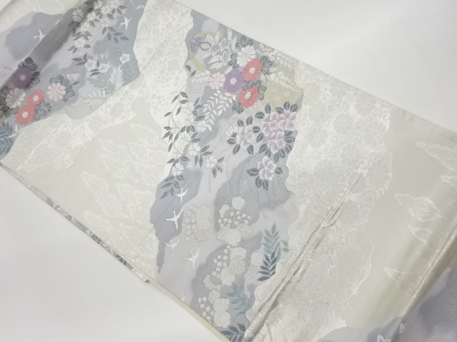 リサイクル　花籠・花唐草に樹木・鳥模様織出し袋帯